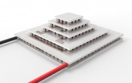 Close up image of  5 stage thermoelectric module 25415-5L30-65CQB with a 40x40mm bottom face and a 10x10mm top cold face