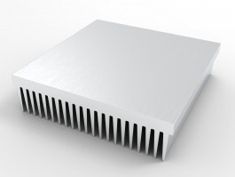 iso render view of HS-5.4-5.4-1.4-01 extruded aluminum heatsink with 21 fins on 1 side and a flat mounting base as shown