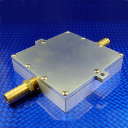 Iso view of Liquid cold plate machined from copper for cooling electronics, TECs, TEGs, IGBTs, and semiconductors