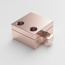 Iso render view of small Liquid cold plate machined from copper part number WBA-1.00-0.60-CU-CH 1x1 inch