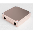 Iso render view of Liquid cold plate machined from copper for cooling electronics, TEC cooling, TEG cooling, IGBT cooling, and laser cooling