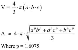image of formula for calculating the volume and surface area of an ellipsoid