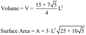 image of formula used to calculate the volume and surface area of a dodecahedron with only the length of a side known