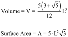 image of formula for calculating the volume and surface area of an icosahedron