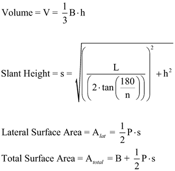 image of formula for the volume and surface area for a right pyramid