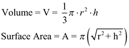image of formula for the volume and surface area for a right cone