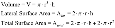 image of formula for the volume and surface area for a right cylinder